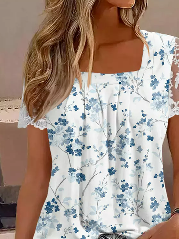 Casual Lace Square Neck Floral Shirt