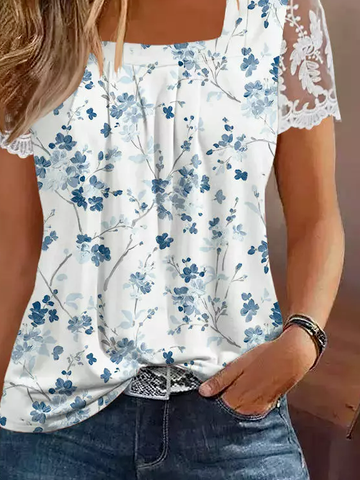 Casual Lace Square Neck Floral Shirt