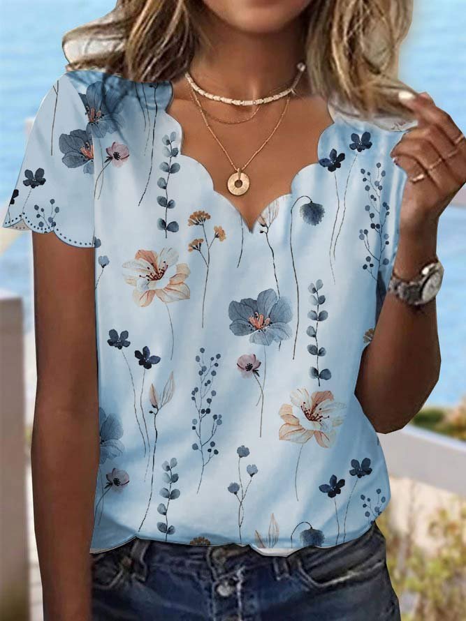 Summer Dessert Shell Neck Floral Design T-Shirt