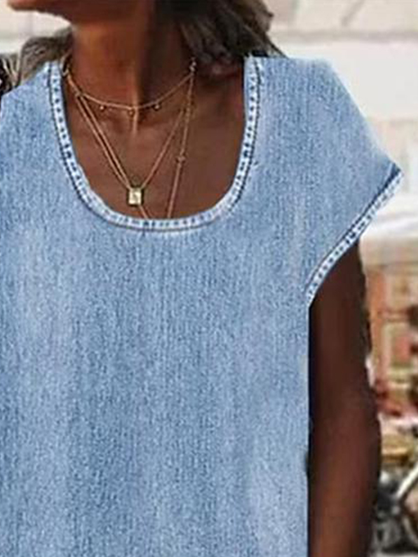 Denim Scoop Neck Plain Casual Dress