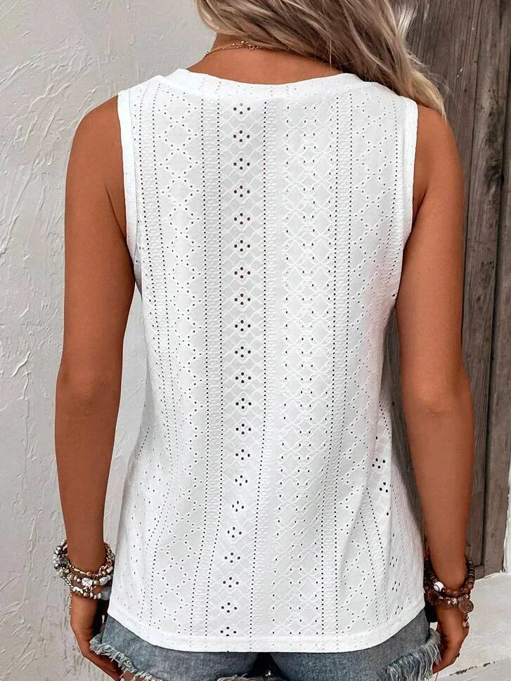 Loose V Neck Casual Buttoned Eyelet Embroidery  Front Tank Top