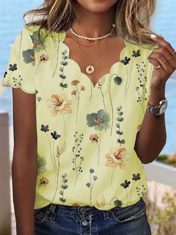 Summer Dessert Shell Neck Floral Design T-Shirt