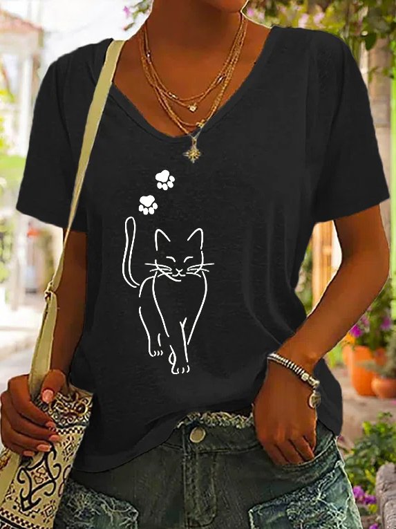 Casual V Neck Cotton Cat T-Shirt