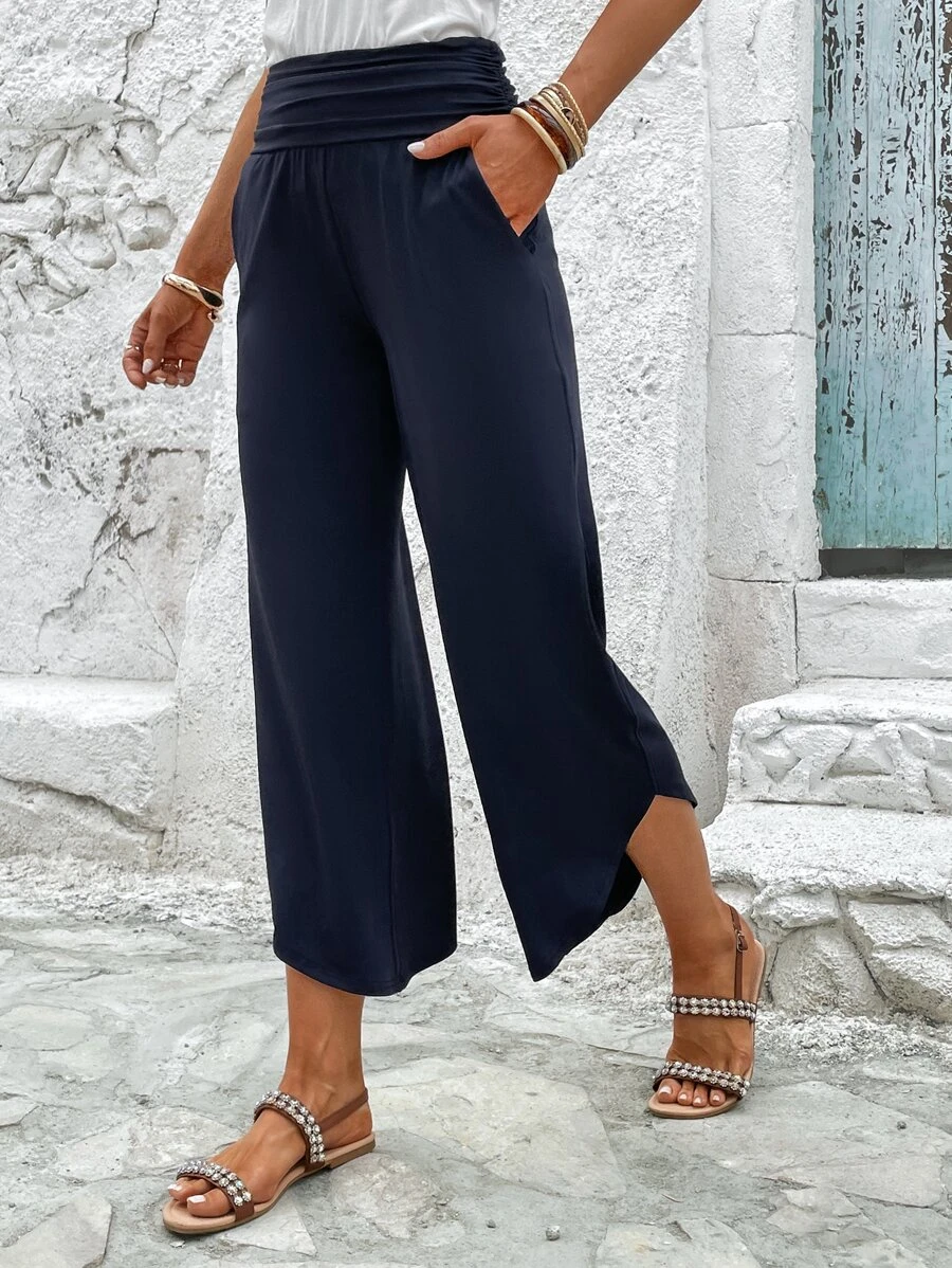 Loose Plain Casual Solid Slant Pocket Ruched Waist Straight Leg Pants