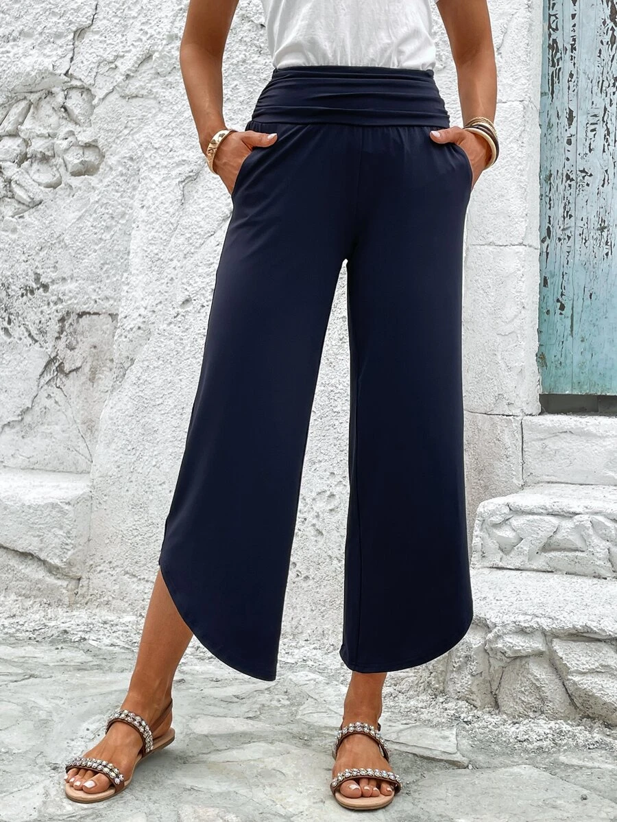 Loose Plain Casual Solid Slant Pocket Ruched Waist Straight Leg Pants