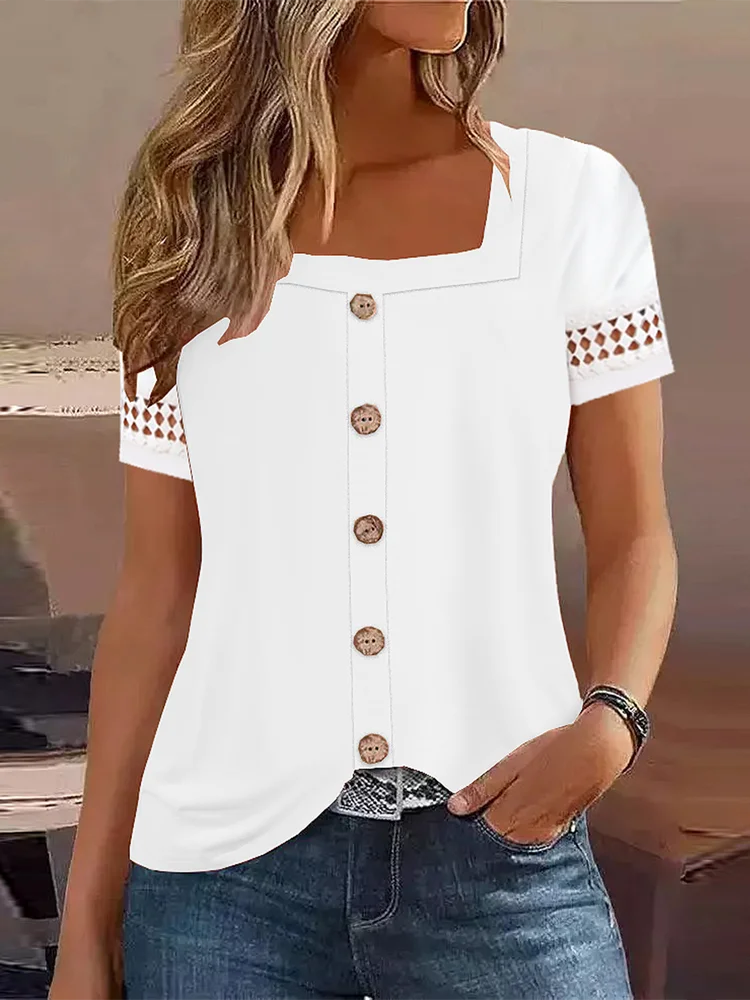 Square Neck Casual Lace Plain Shirt