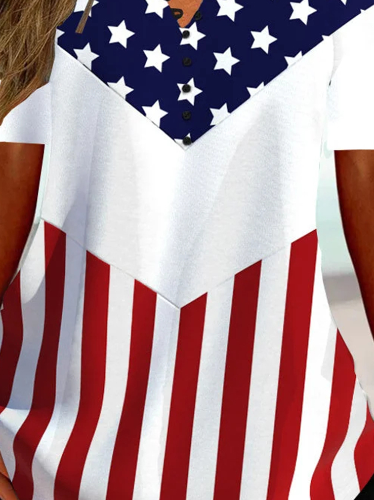 Casual V Neck America Flag Shirt