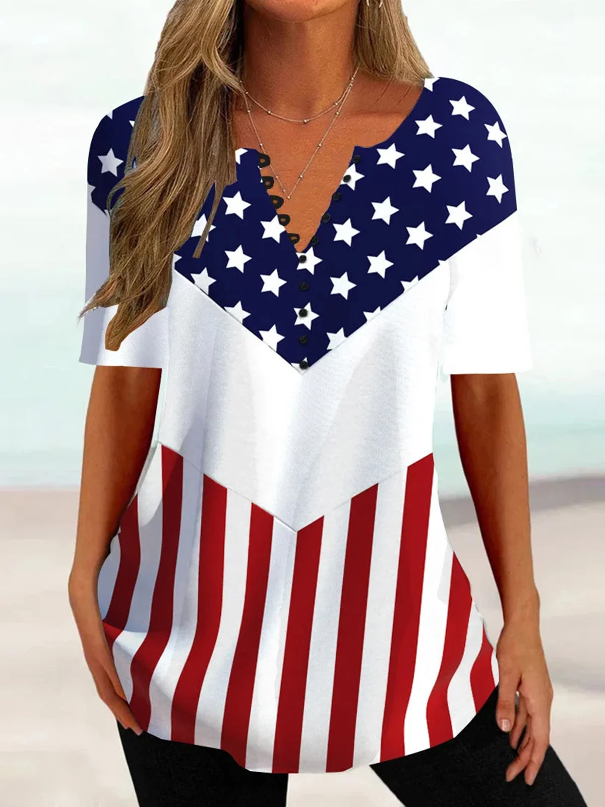 Casual V Neck America Flag Shirt