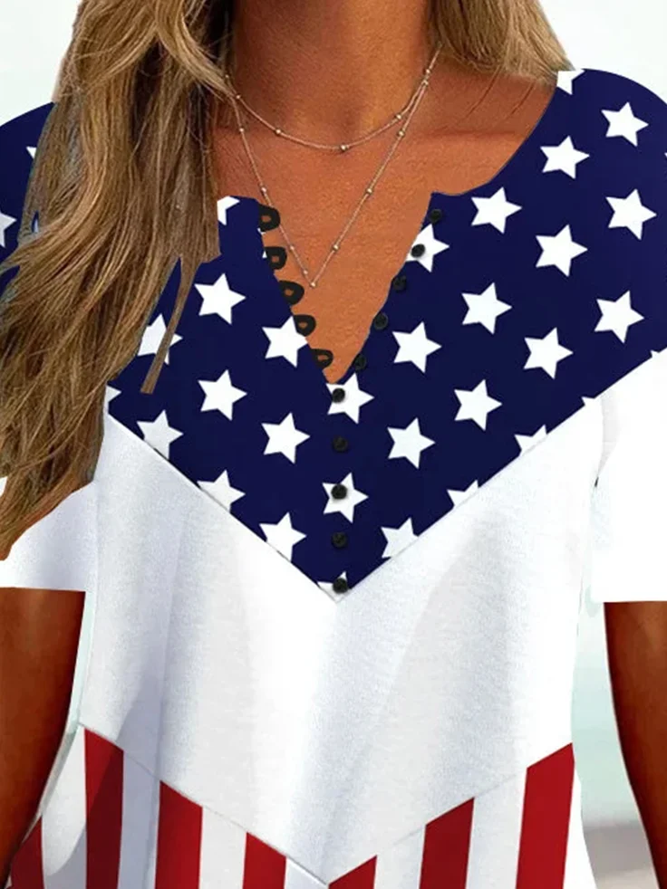 Casual V Neck America Flag Shirt