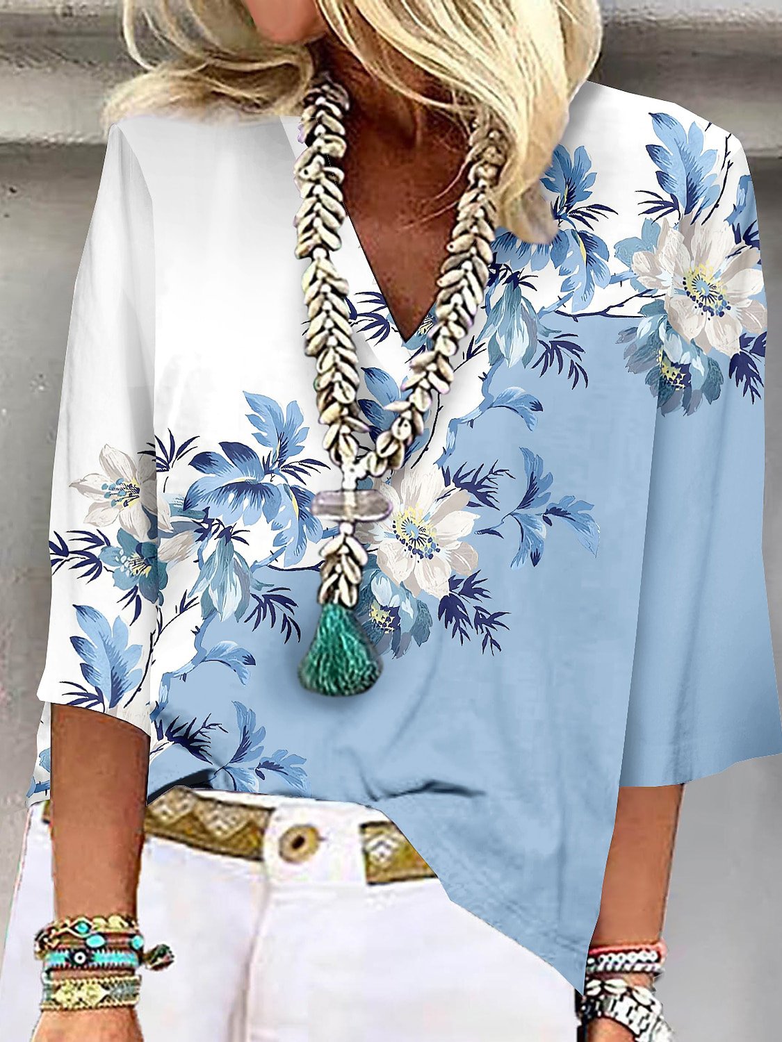 Loose Floral V Neck Casual Shirt