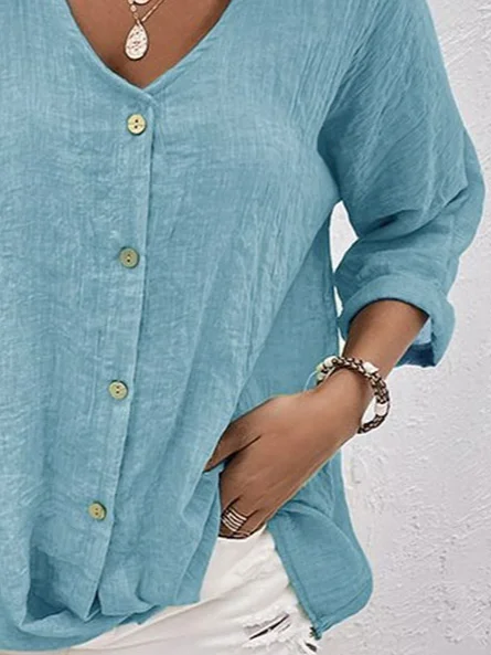 V Neck Cotton-Blend Linen Plain Blouse