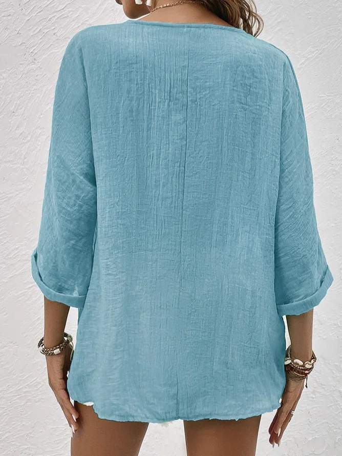 V Neck Cotton-Blend Linen Plain Blouse