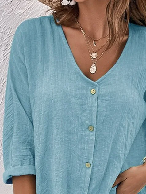 V Neck Cotton-Blend Linen Plain Blouse