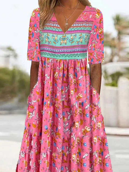 Floral Vacation Crew Neck Loose Dress