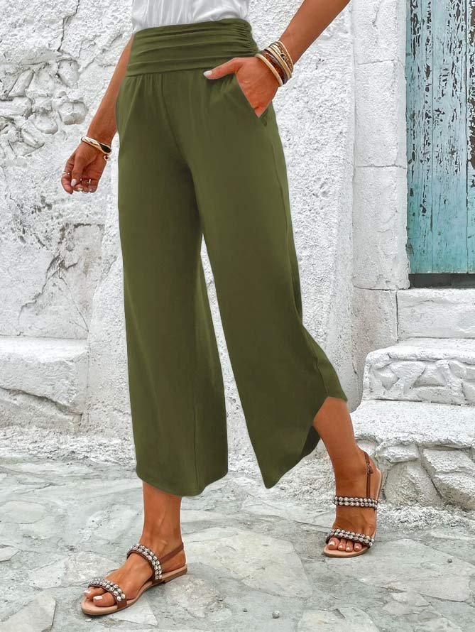 Loose Plain Casual Solid Slant Pocket Ruched Waist Straight Leg Pants