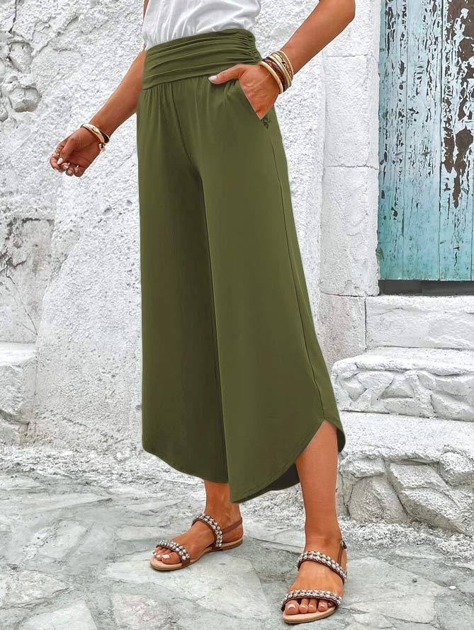 Loose Plain Casual Solid Slant Pocket Ruched Waist Straight Leg Pants