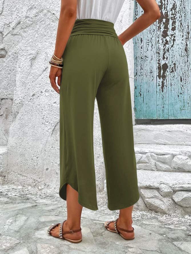 Loose Plain Casual Solid Slant Pocket Ruched Waist Straight Leg Pants