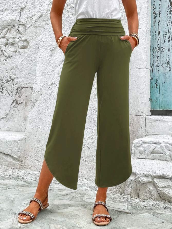 Loose Plain Casual Solid Slant Pocket Ruched Waist Straight Leg Pants