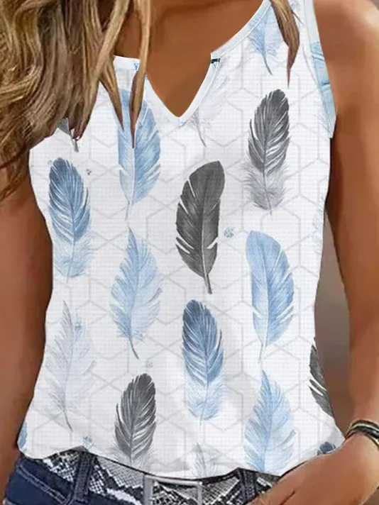 Feather Pattern Cotton Casual Tank Top