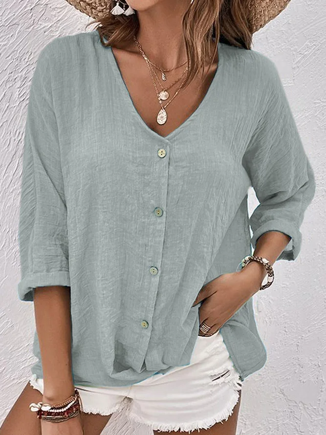 V Neck Cotton-Blend Linen Plain Blouse