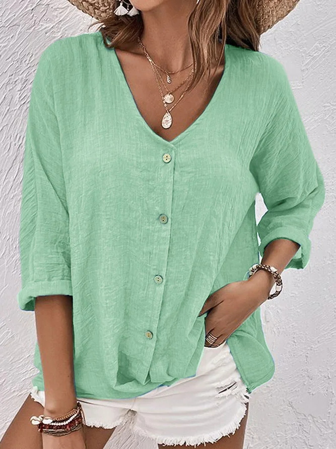 V Neck Cotton-Blend Linen Plain Blouse