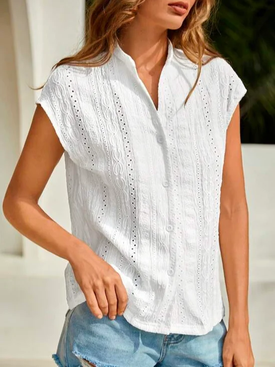 Casual Geometric Eyelet Embroidery Batwing Sleeve Button Front Shirt