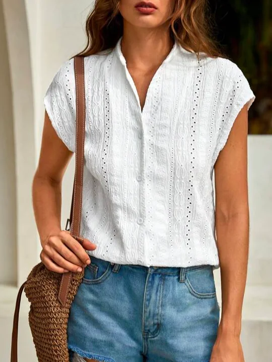 Casual Geometric Eyelet Embroidery Batwing Sleeve Button Front Shirt