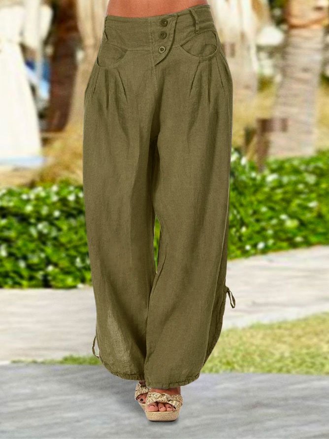 Casual Button Fly Dual Pocket Drawstring Wide Leg Pants