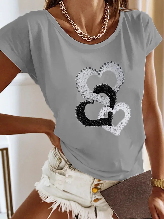 Heart/Cordate Loose Crew Neck Casual T-Shirt