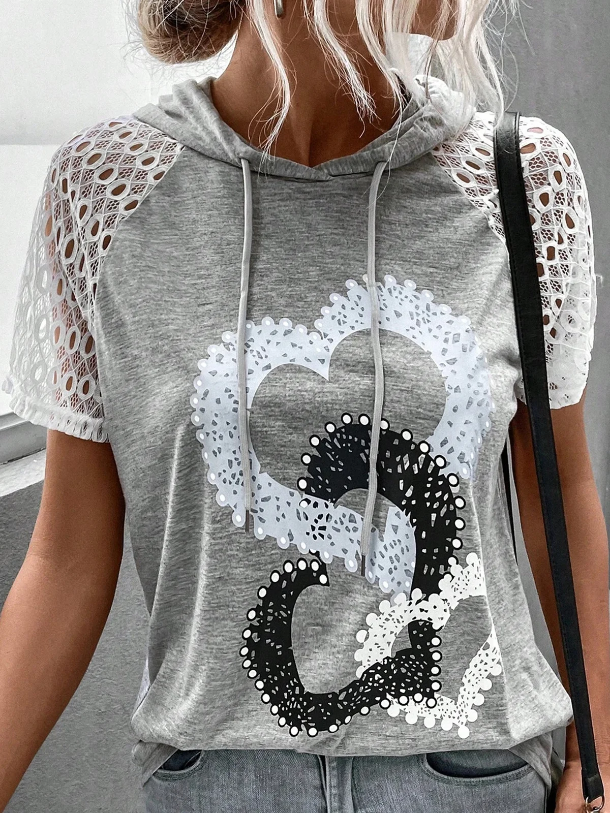 Heart Print Contrast Lace Raglan Sleeve Drawstring Hooded Tee