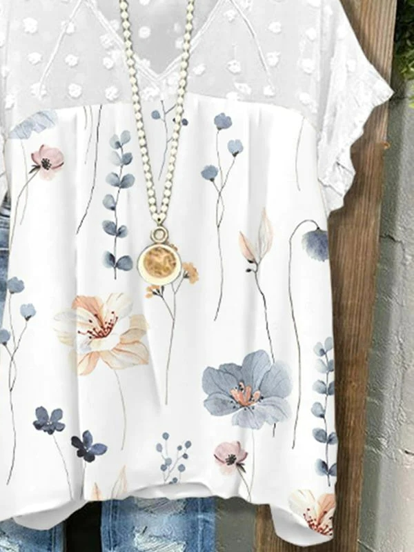 V Neck Chiffon Loose Casual Floral Shirt