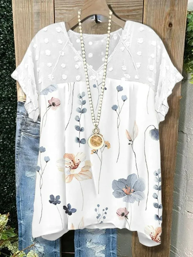 V Neck Chiffon Loose Casual Floral Shirt