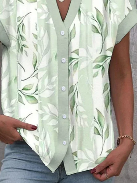 Cotton Casual Floral V Neck Blouse