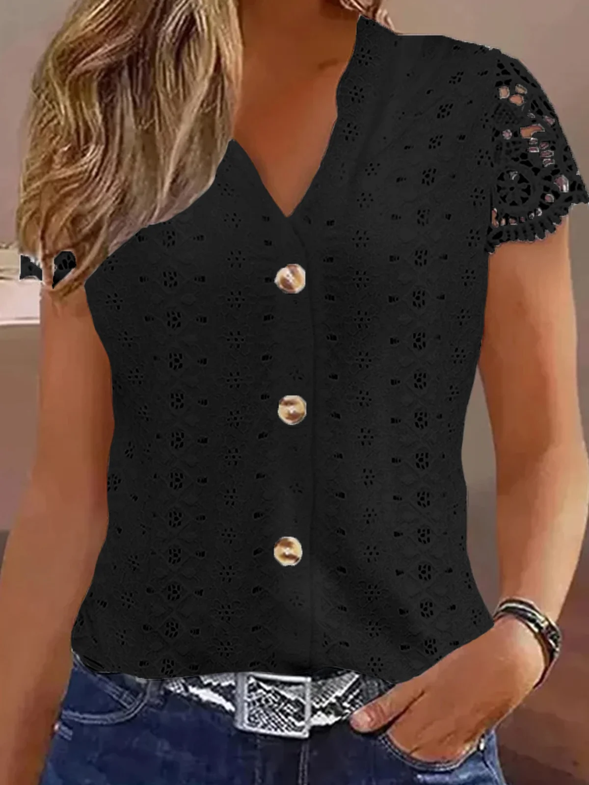 Loose Casual Lace V Neck Blouse