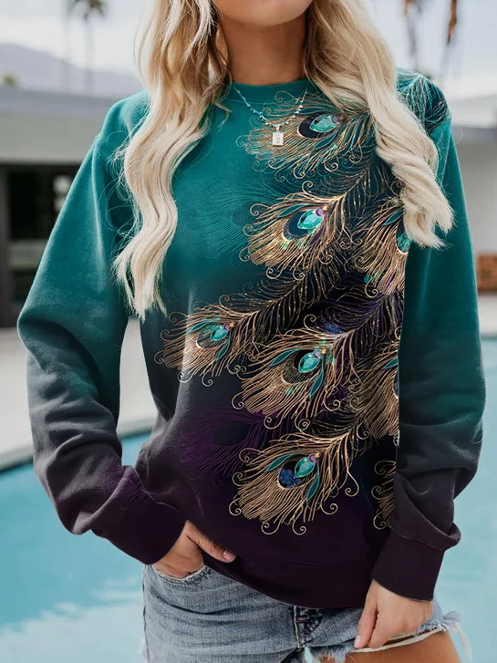 Casual Crew Neck Feather Sweatshirt