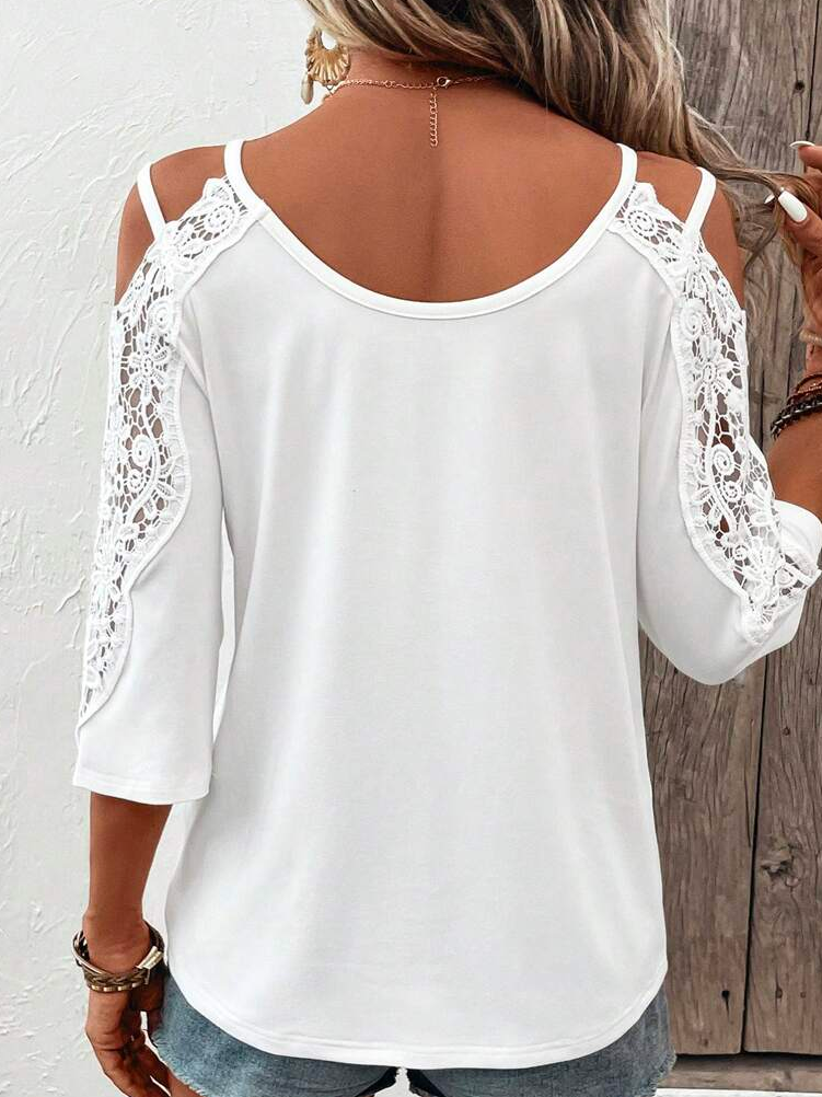 Lace Spaghetti Loose Elegant Contrast Lace Cold Shoulder Shirt