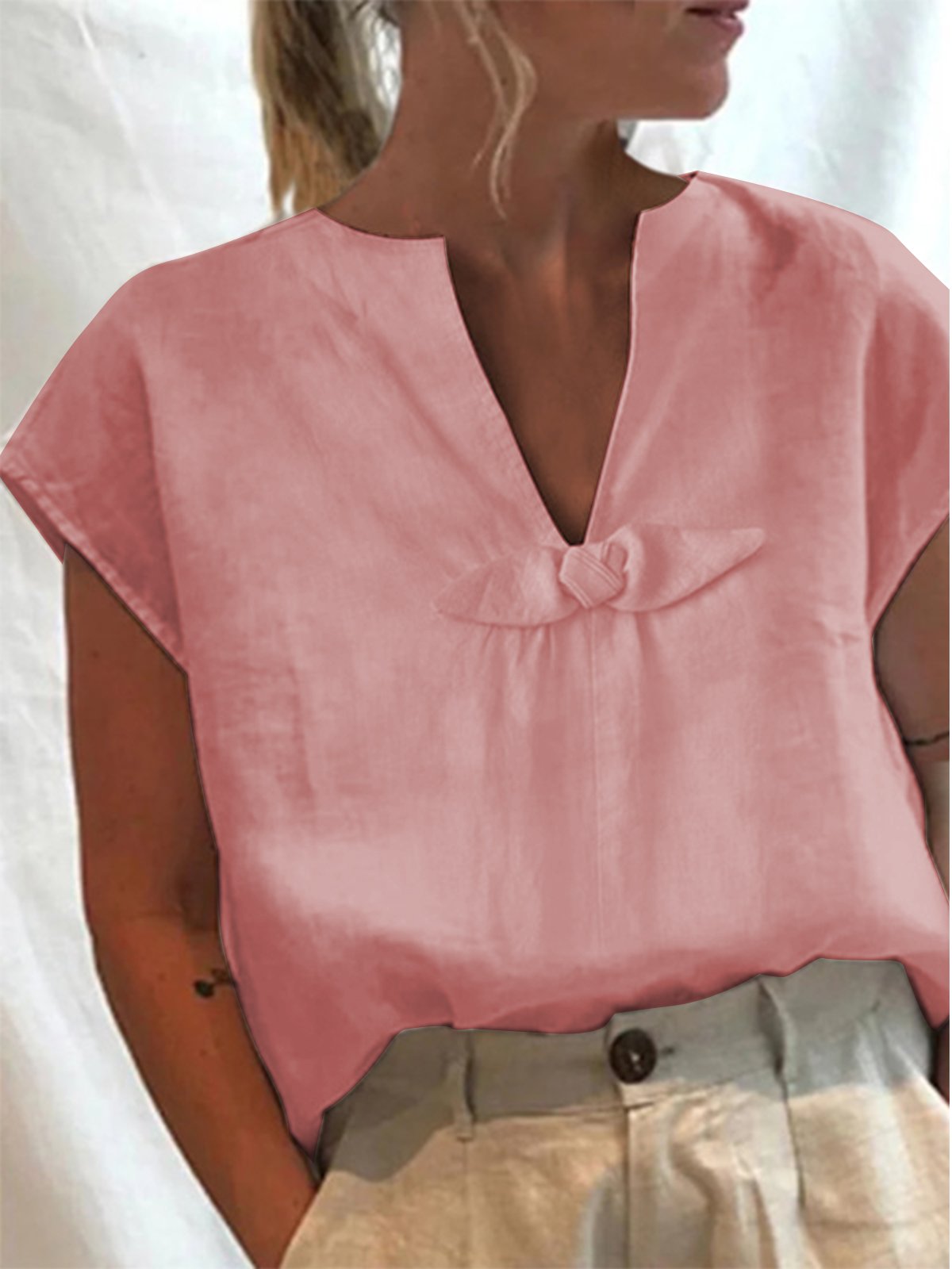 Simple Loose V Neck Bow Plain Shirt