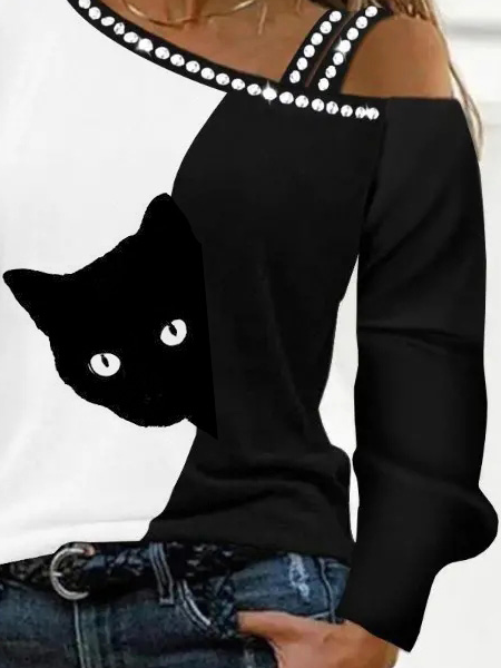 Loose One Shoulder Cat Casual Shirt