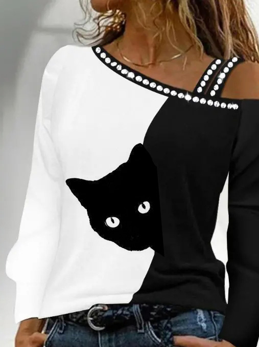 Loose One Shoulder Cat Casual Shirt