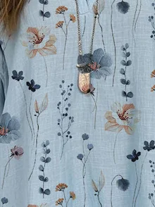 Floral Linen Shirt Collar Loose Blouse