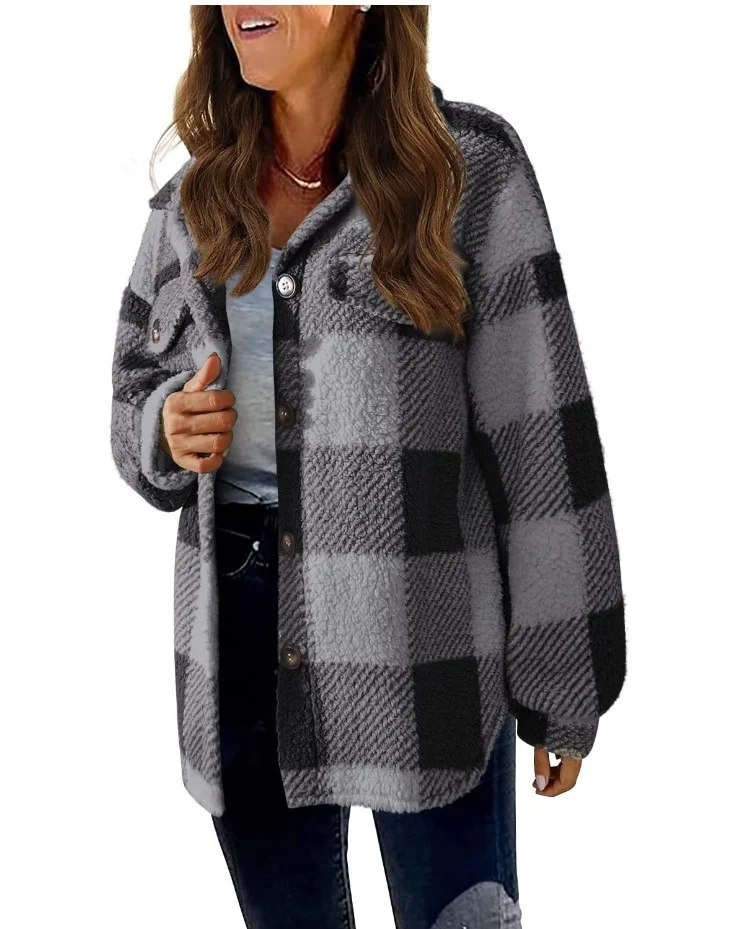 Teddy Velvet Loose Casual Plaid Teddy Jacket