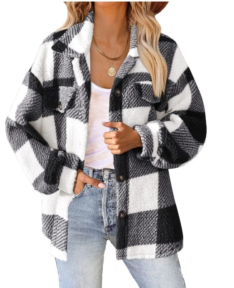 Teddy Velvet Loose Casual Plaid Teddy Jacket