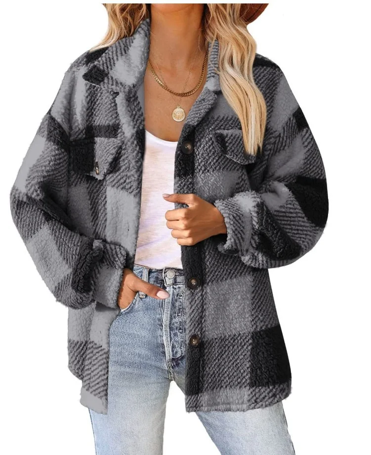 Teddy Velvet Loose Casual Plaid Teddy Jacket