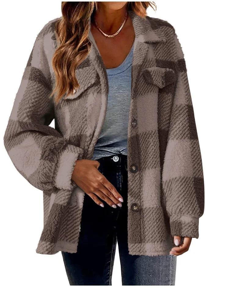 Teddy Velvet Loose Casual Plaid Teddy Jacket