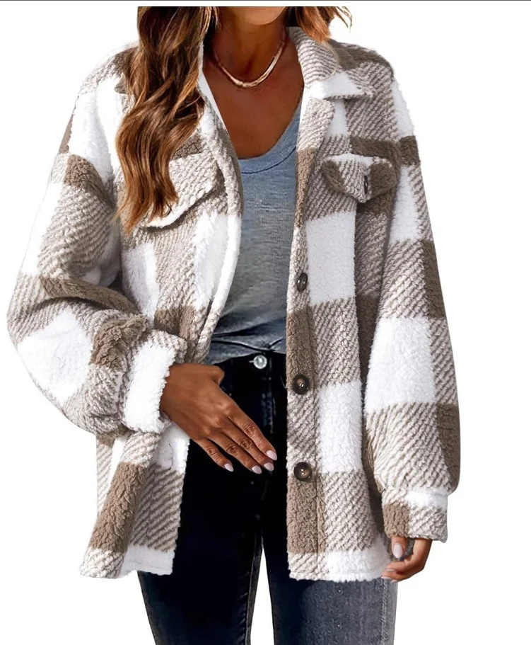 Teddy Velvet Loose Casual Plaid Teddy Jacket