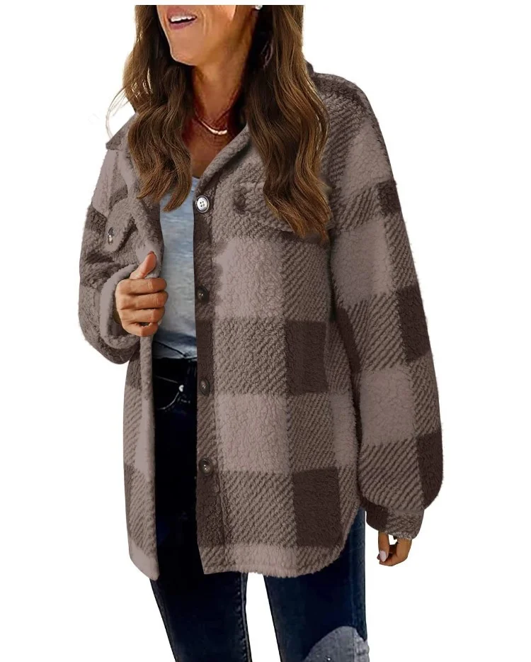 Teddy Velvet Loose Casual Plaid Teddy Jacket