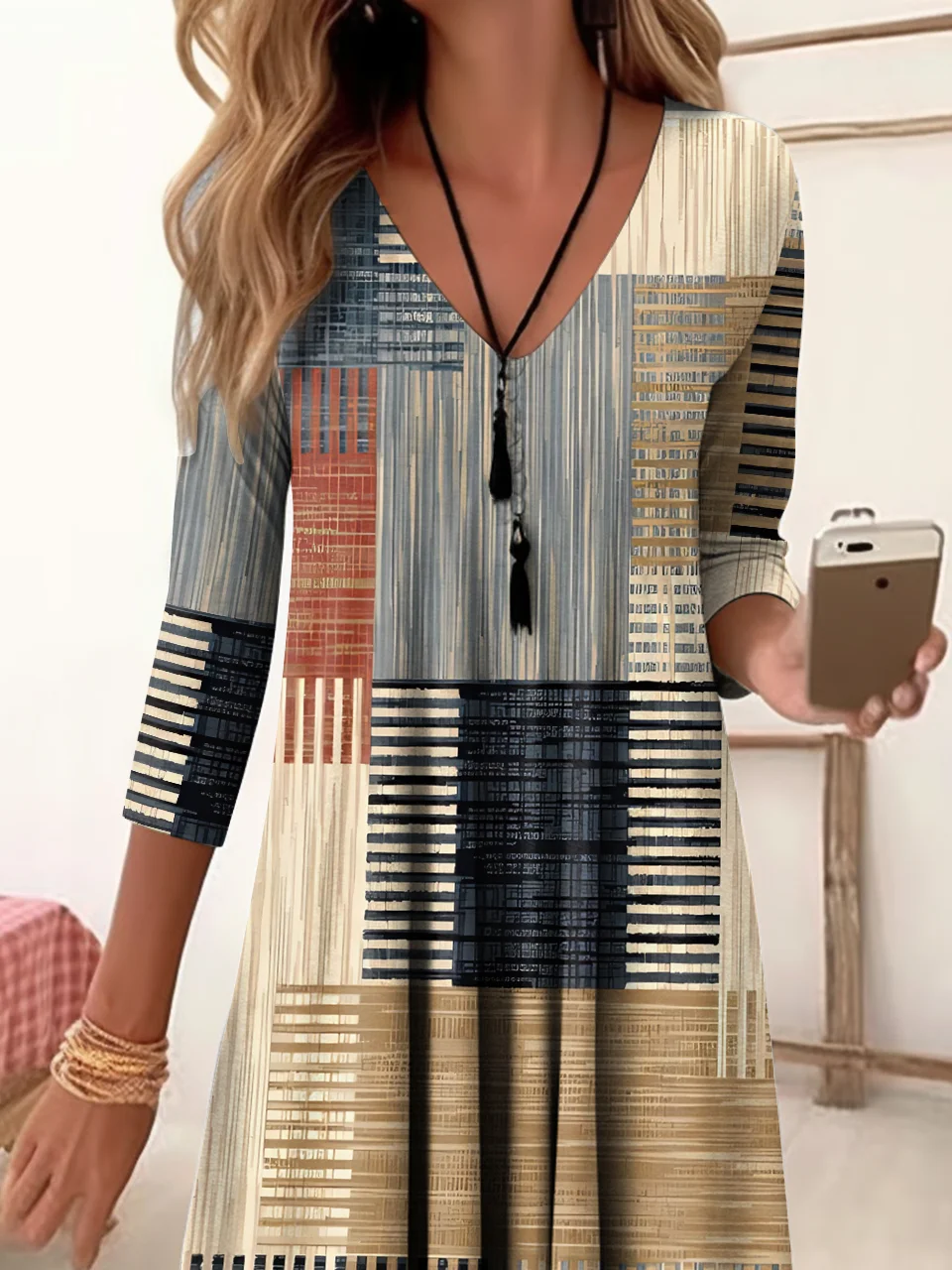 V Neck Geometric Casual Loose Dress