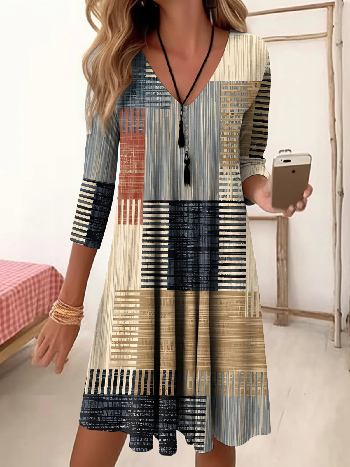 V Neck Geometric Casual Loose Dress