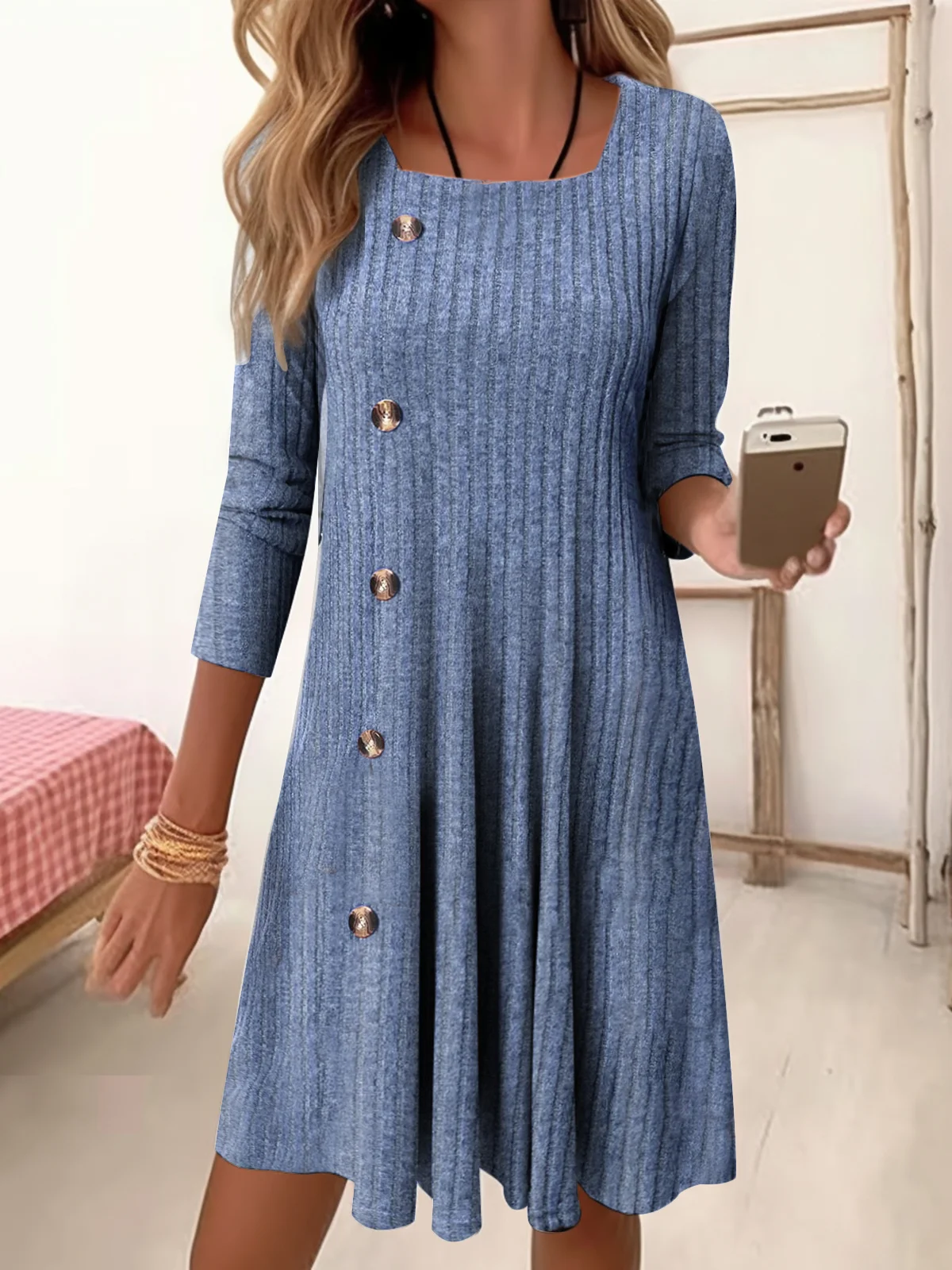 Square Neck Loose Casual Plain Dress