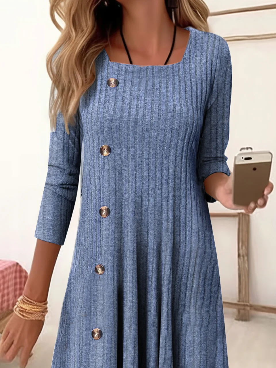 Square Neck Loose Casual Plain Dress